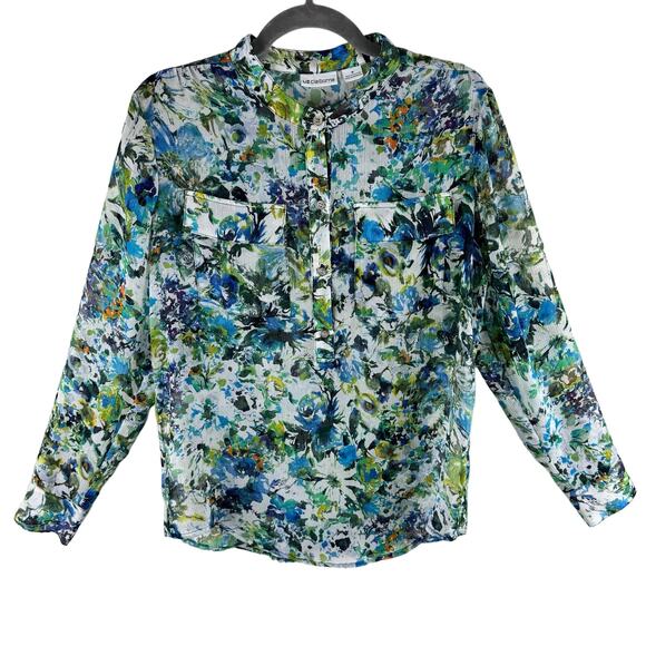 Liz Claiborne Multicolor Long Sleeve Crew Neck Sheer Button Up Blouse Size M - Picture 1 of 7